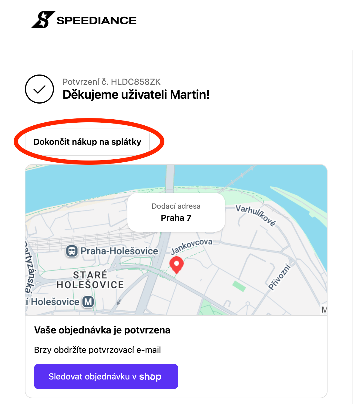Po odeslání objednávky klikněte na tlačítko Dokončit nákup na splátky.